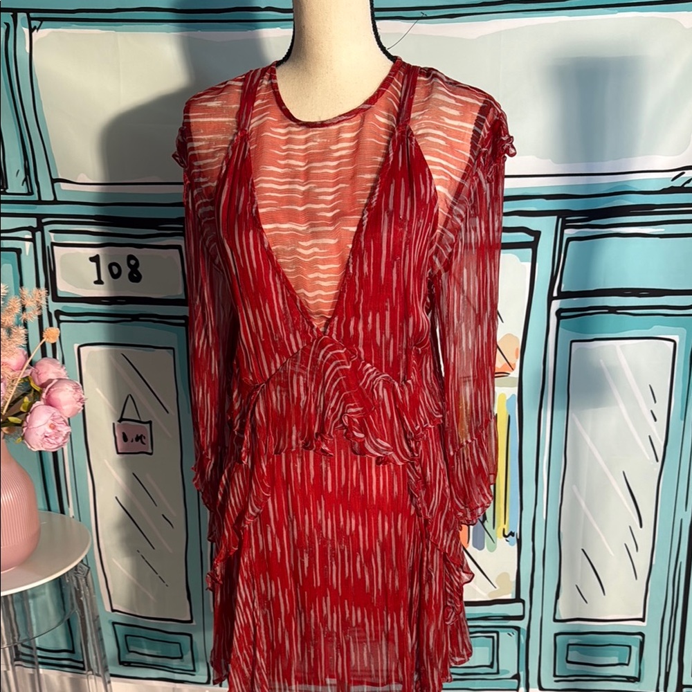 Red Sheer Long Sleeve Dress